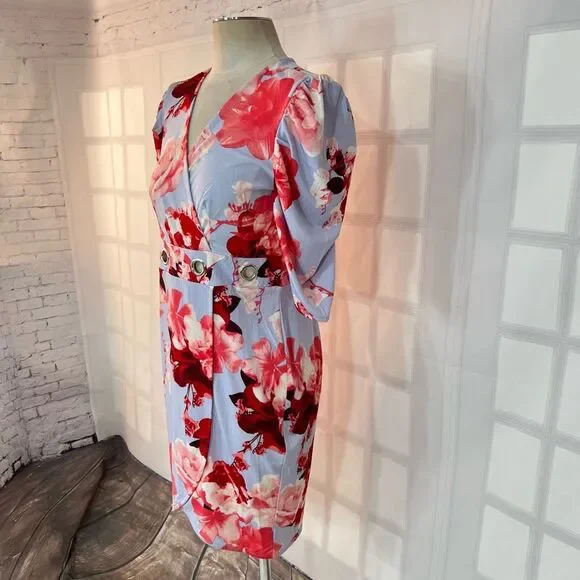 Venus light blue floral short puff sleeve grommet cutout waist summer party dres - Picture 4 of 13